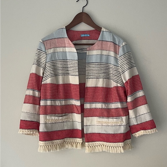 J. McLaughlin Fringe Striped Cotton Blend Cropped Jacket - Women’s Size M - Picture 2 of 10